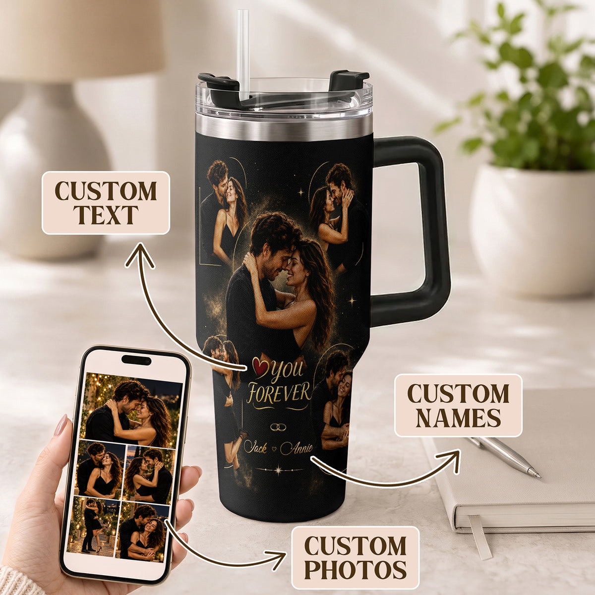 Custom Couple Forever Photo Collage Tumbler Names Date Thermal Drinkware Cup Lid Item