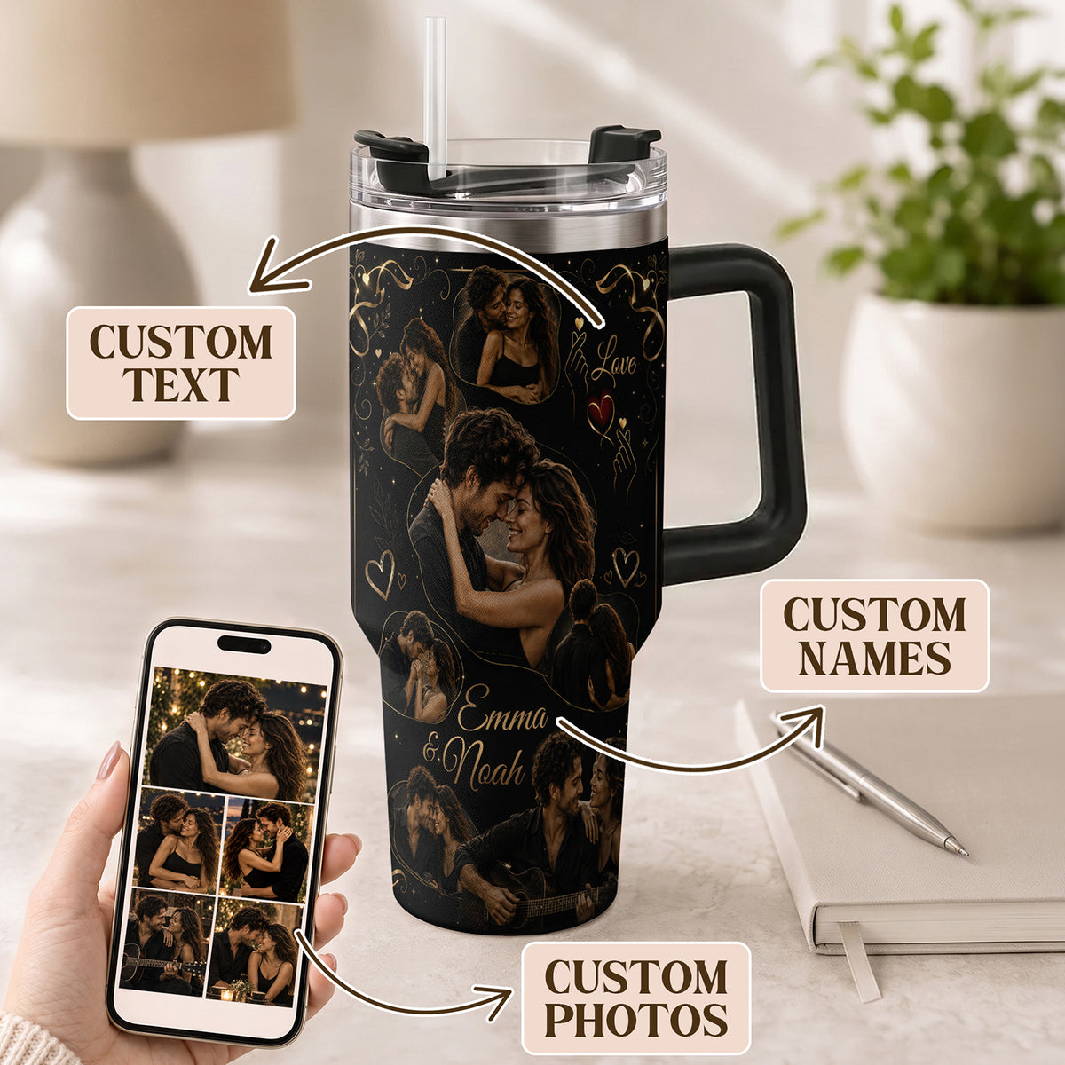 Custom Couple Love Photo Collage Tumbler Names Thermal Drinkware Cup Lid Piece Item