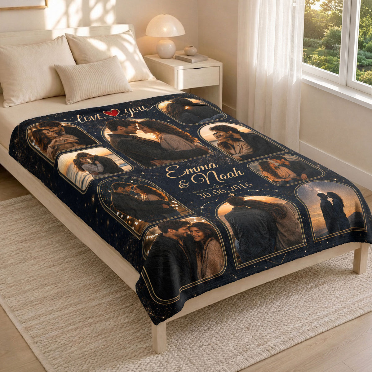 Custom Photo Blanket Collage Couple Names Date Heart Soft Fleece Throw Romantic Love Gift
