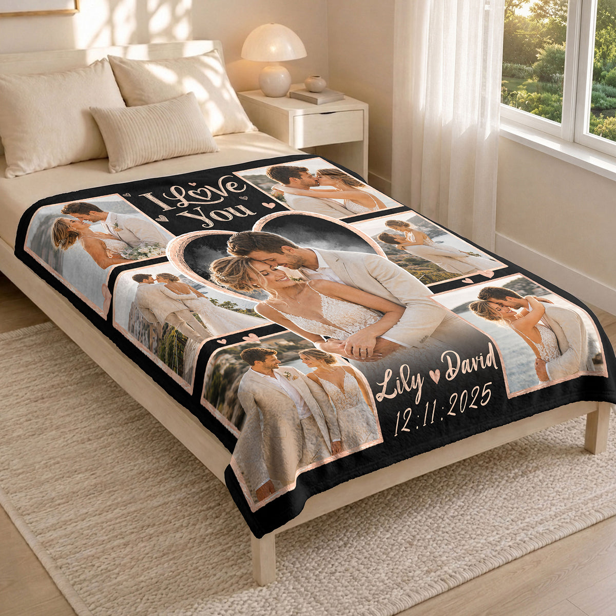 Custom Photo Blanket Collage Couple Names Date Heart Soft Fleece Throw Romantic Wedding