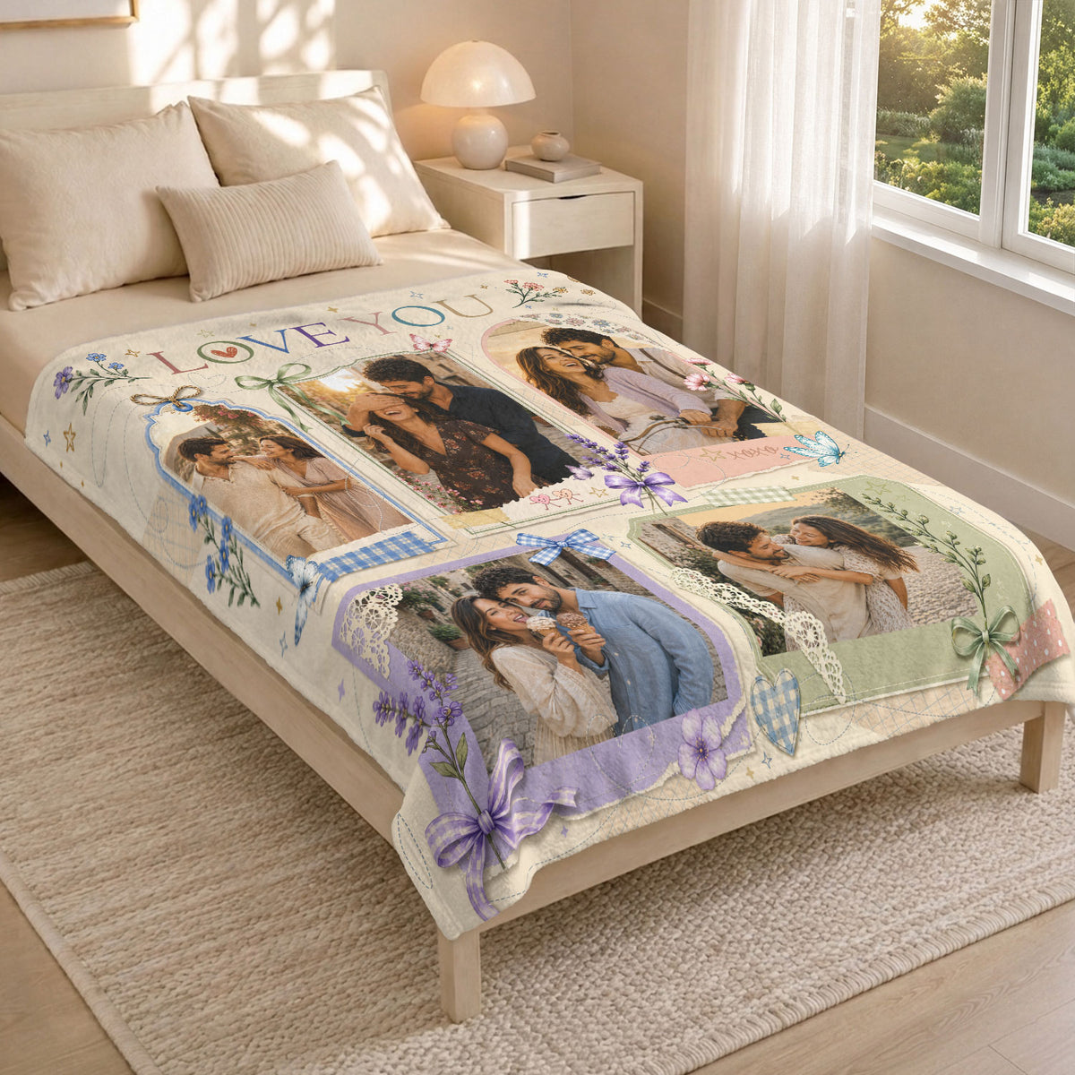 Custom Couple Photo Blanket Picture Collage Floral Love You Fleece Throw Anniversary Gift
