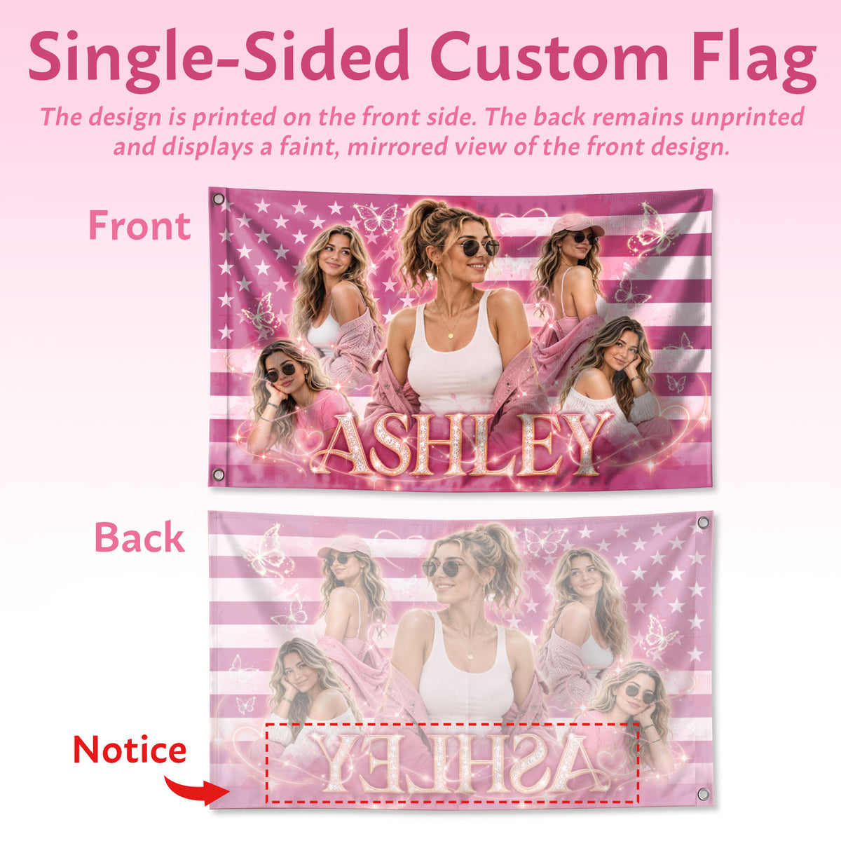 Custom Photo American Flag Pink Glitter Butterfly Personalised Name Picture USA Flag