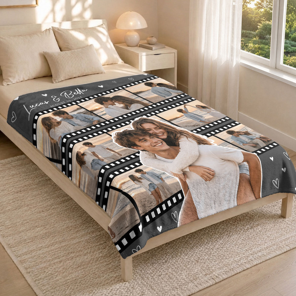 Custom Couple Film Strip Photo Collage Fleece Blanket Names Date Soft Warm Throw Piece