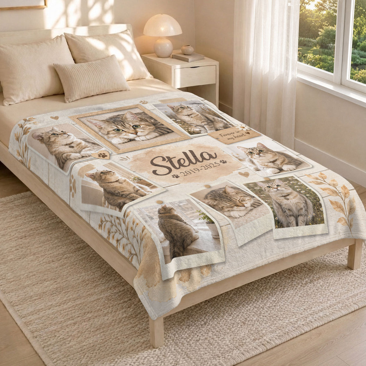 Custom Pet Cat Photo Collage Fleece Blanket Name Floral Memorial Throw Tapestry Item
