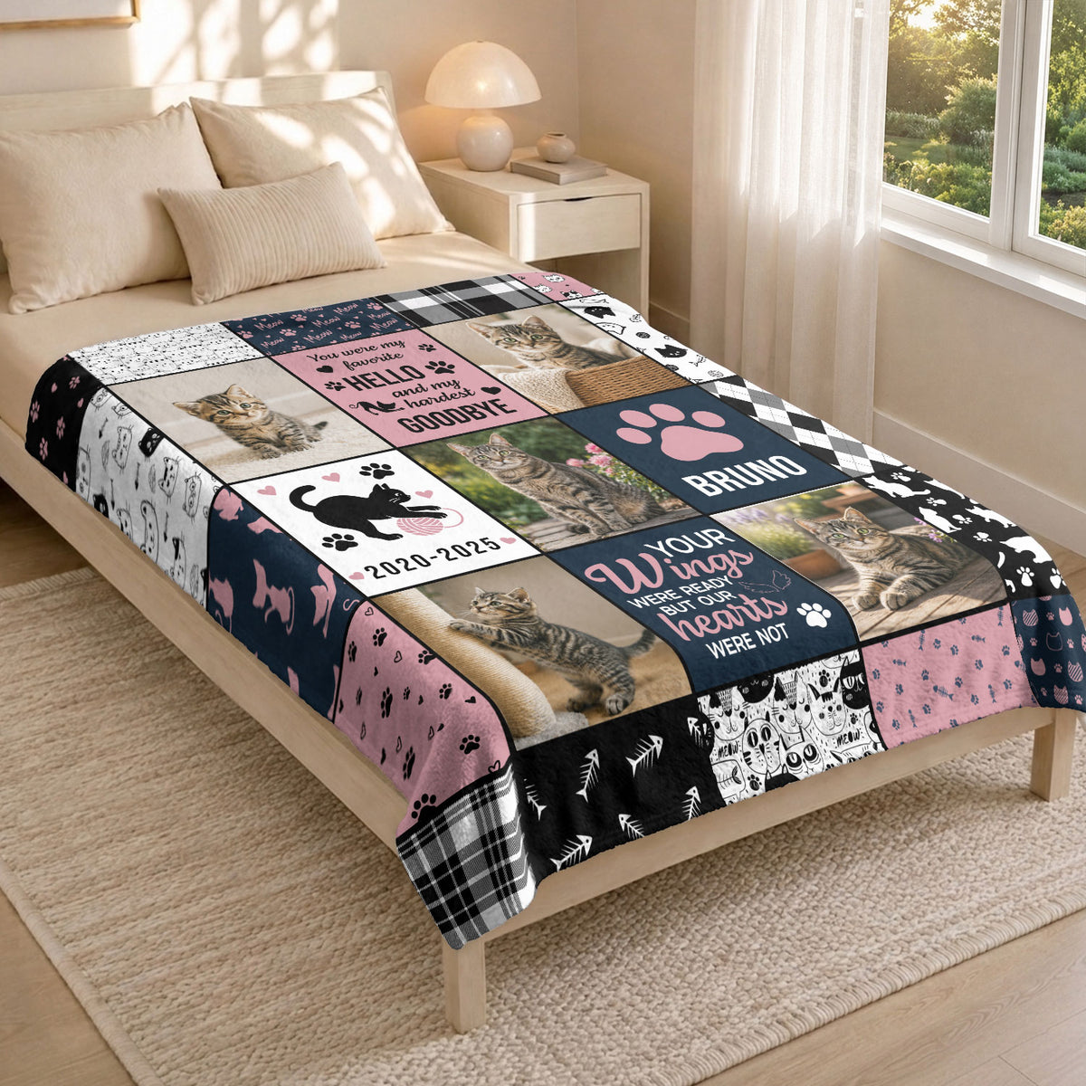 Custom Pet Cat Photo Collage Fleece Blanket Name Memorial Throw Tapestry Component Item