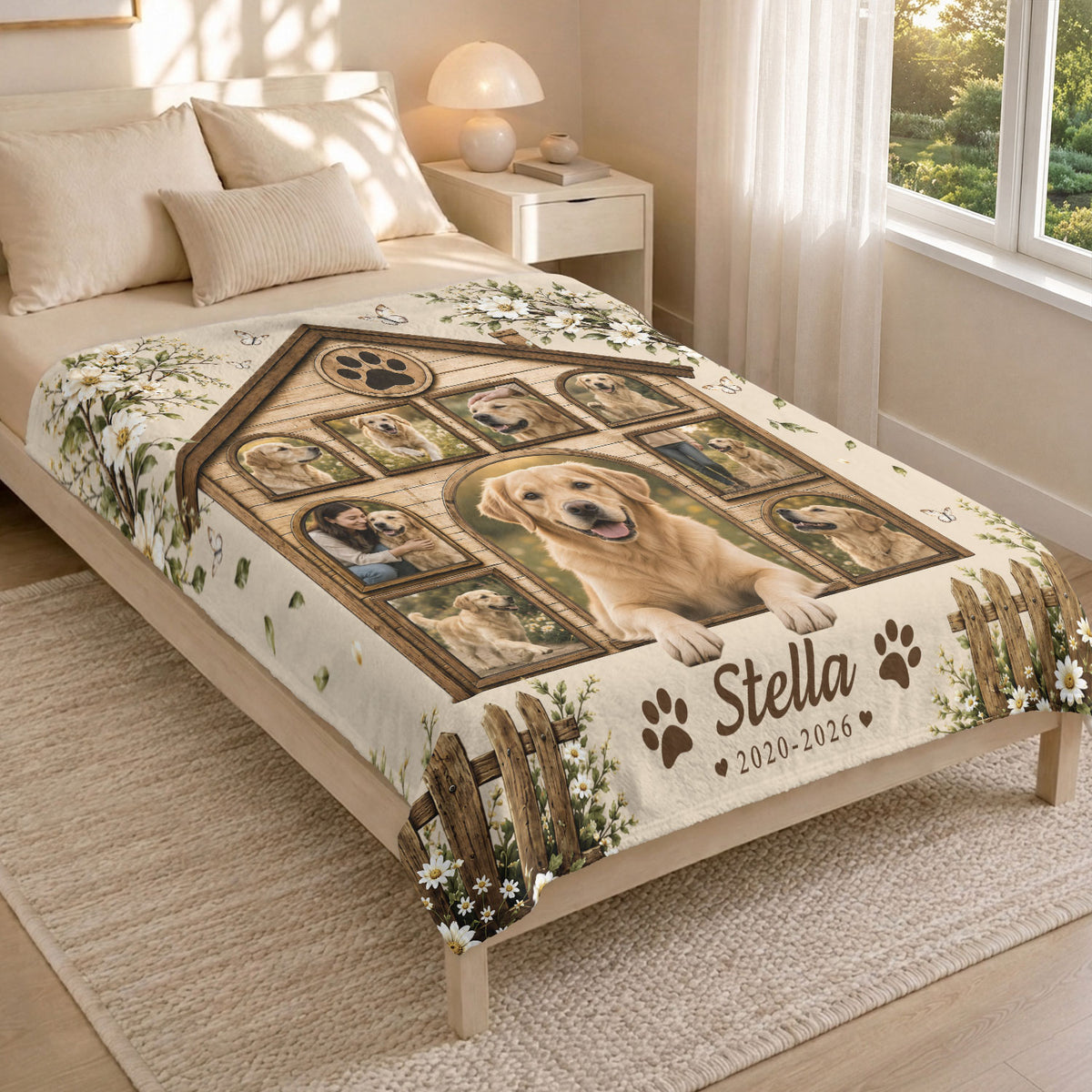 Custom Pet Dog Photo Collage Fleece Blanket Name Floral Memorial Throw Tapestry Item