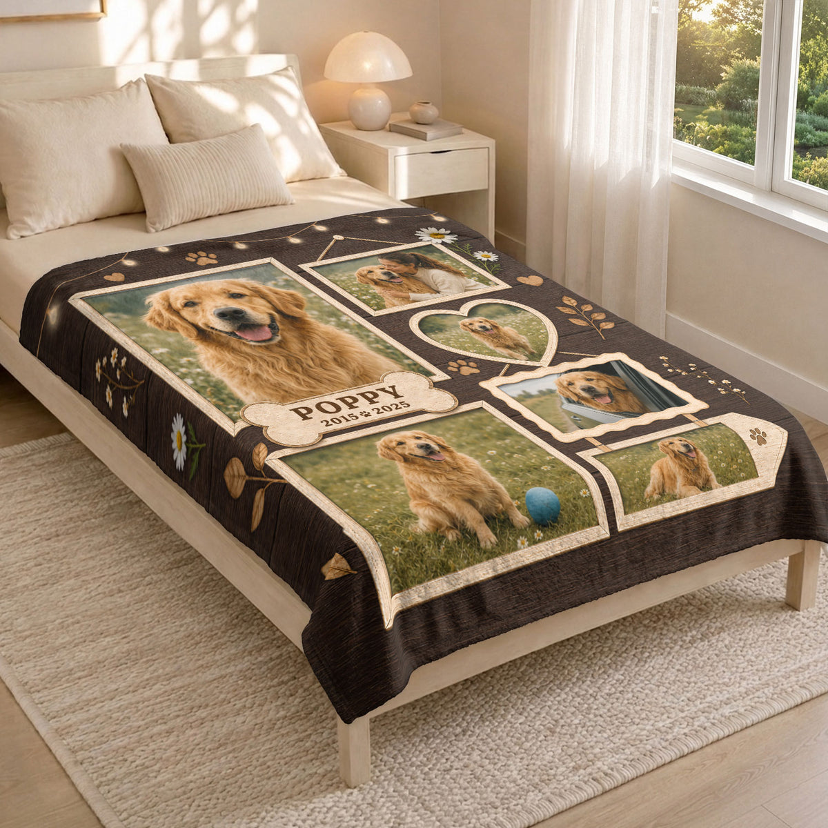 Custom Puppy Dog Photo Collage Fleece Blanket Name Floral Memorial Throw Tapestry Item