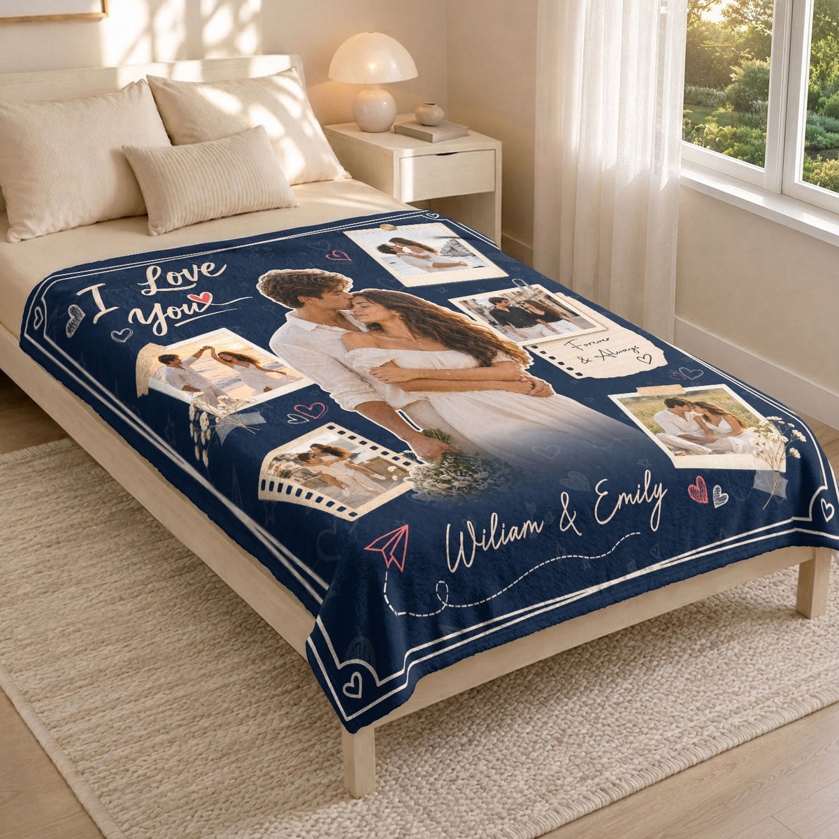 Custom Couple Photo Collage Fleece Blanket Names Text Romantic Throw Tapestry Item