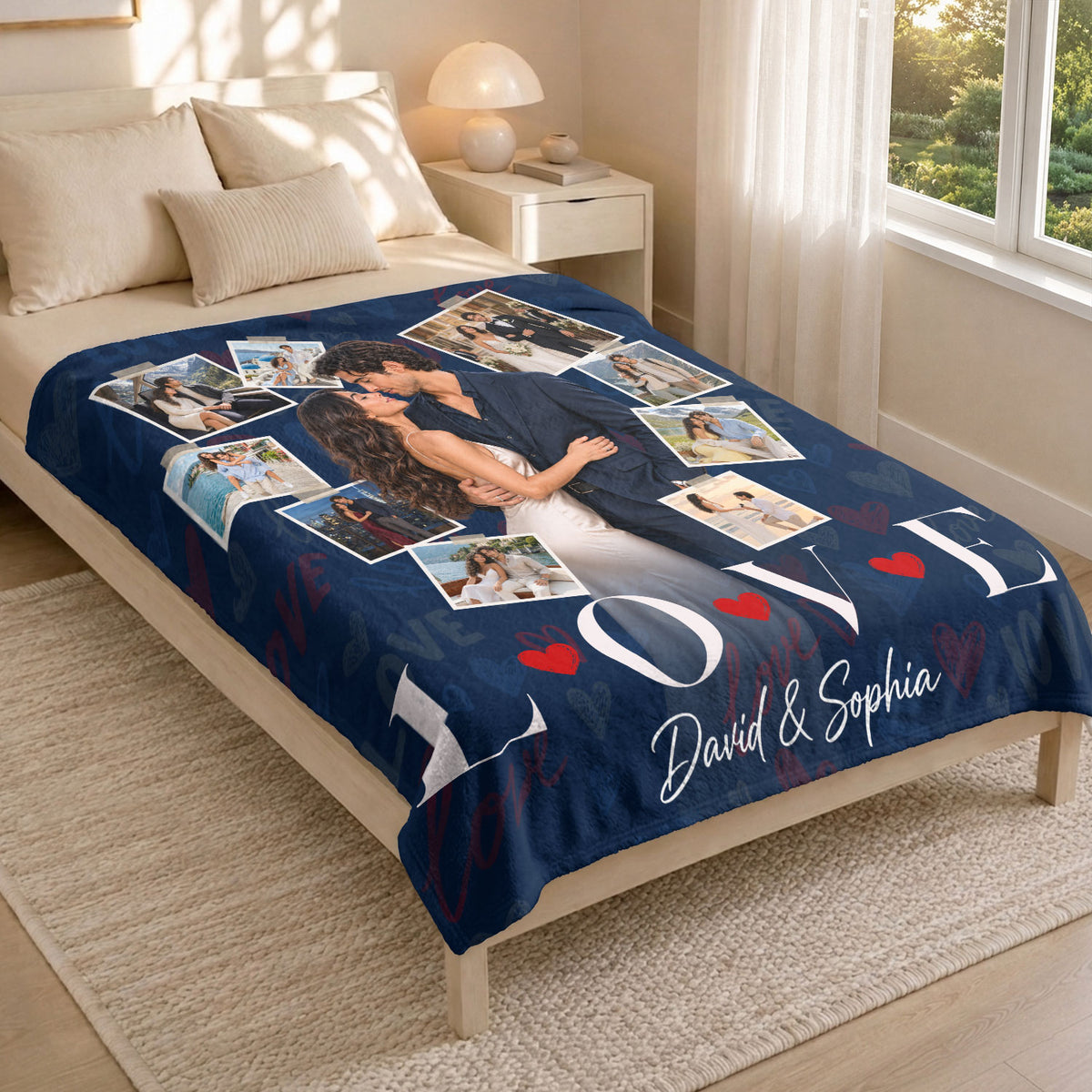 Custom Romantic Photo Collage Couple Fleece Blanket Names Text Throw Tapestry Item