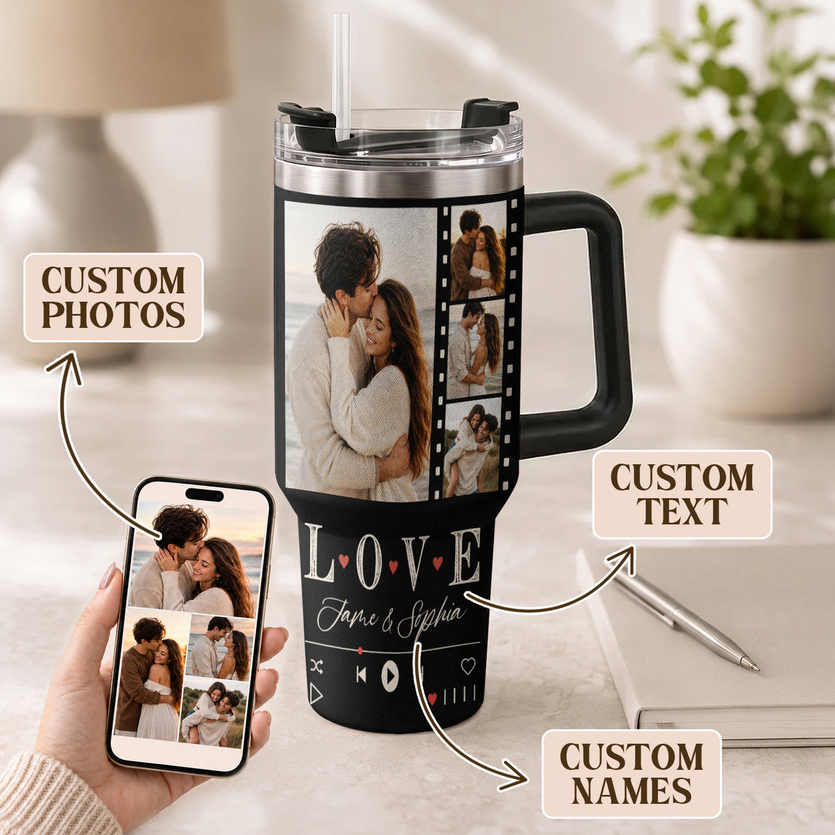Custom Couple Photo Collage Tumbler Names Text Insulated Travel Mug Handle Cup Item