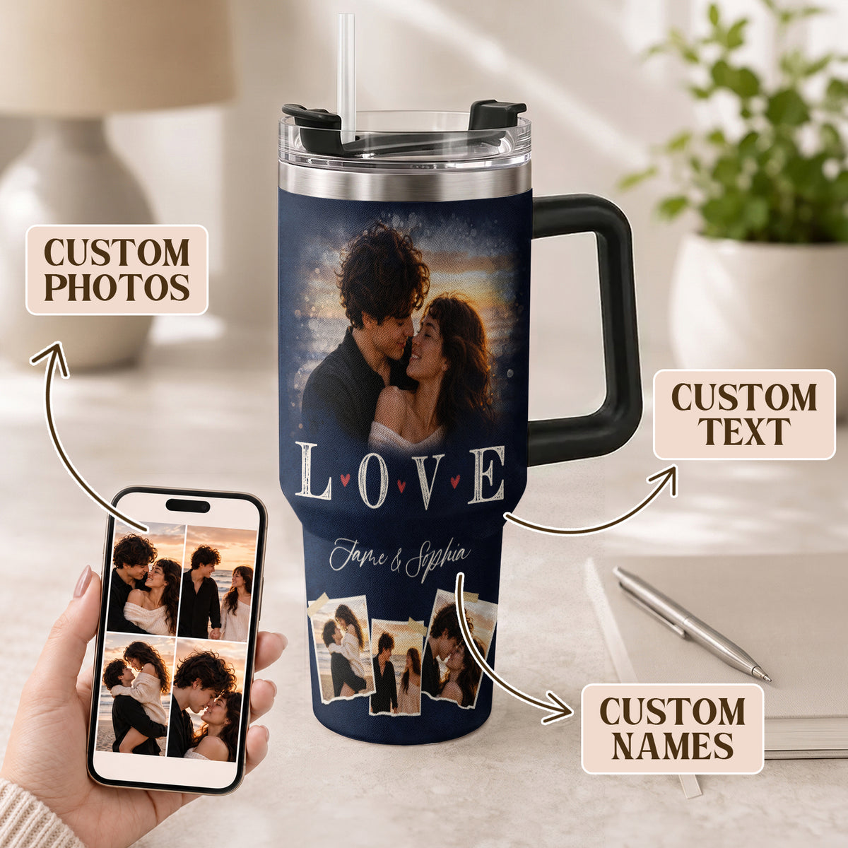 Custom Couple Photo Collage Tumbler Names Text Insulated Beverage Mug Handle Cup Piece