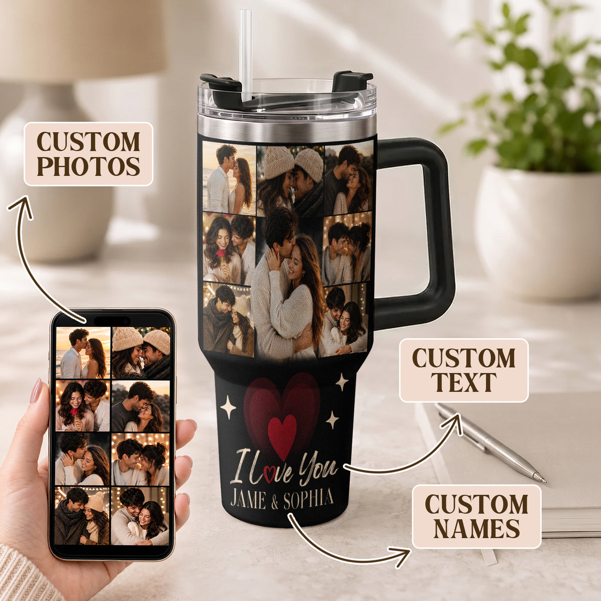 Custom Personal Photo Collage Couple Tumbler Names Text Insulated Beverage Mug Cup Item
