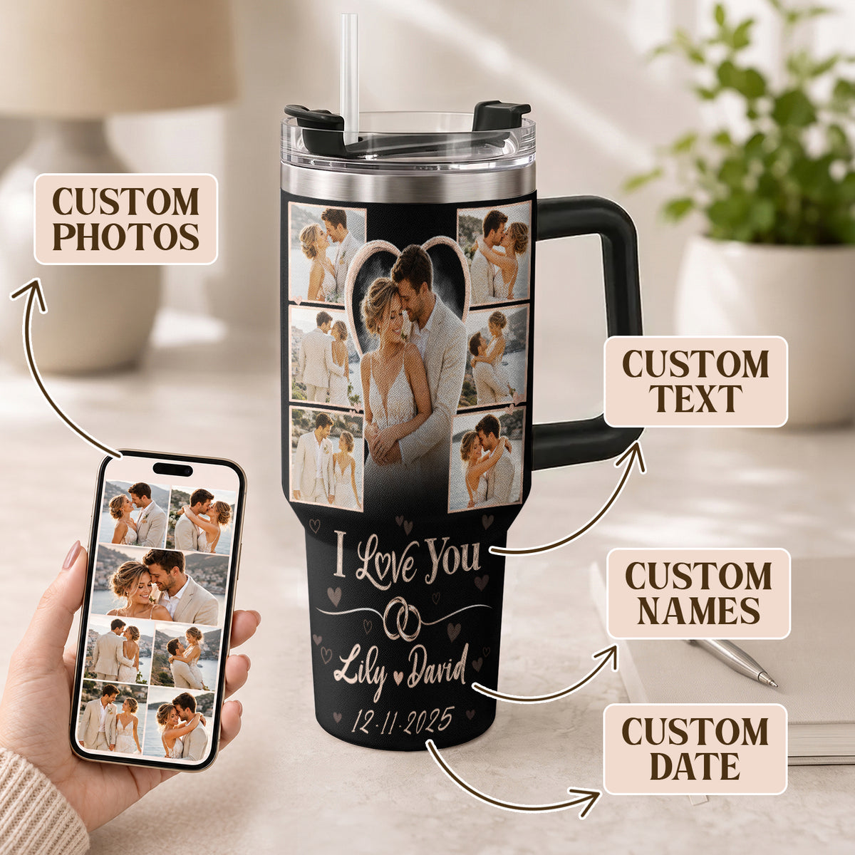 Custom Romantic Photo Collage Couple Tumbler Names Text Insulated Beverage Mug Handle