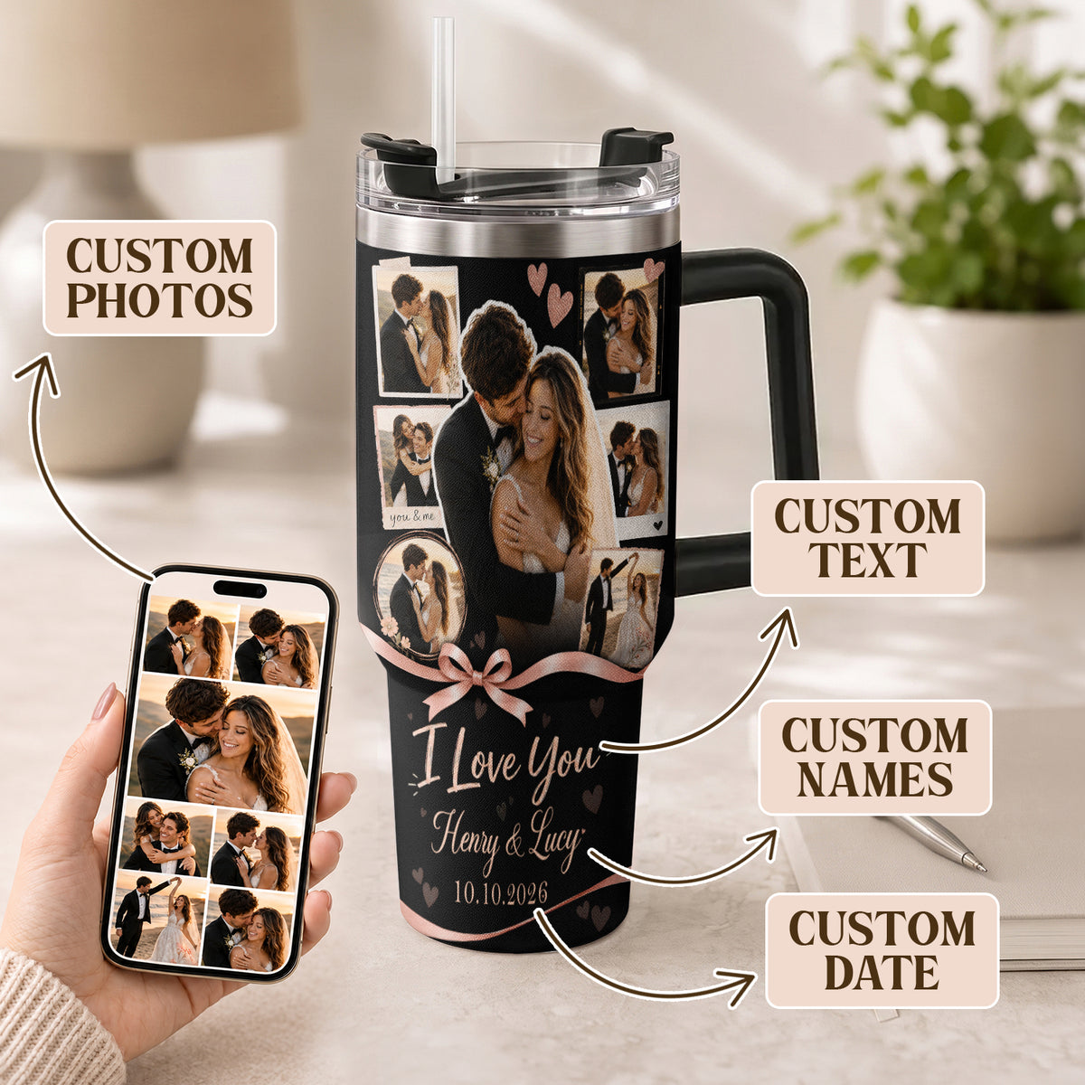 Custom Personal Photo Collage Couple Tumbler Names Text Insulated Beverage Mug Handle Cup