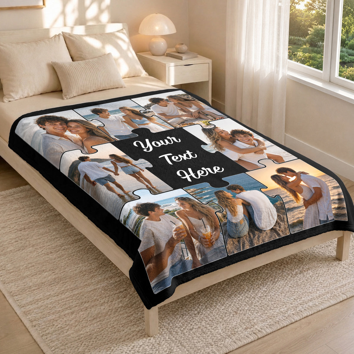 Custom Couple Jigsaw Photo Collage Fleece Blanket Text Throw Tapestry Component Item