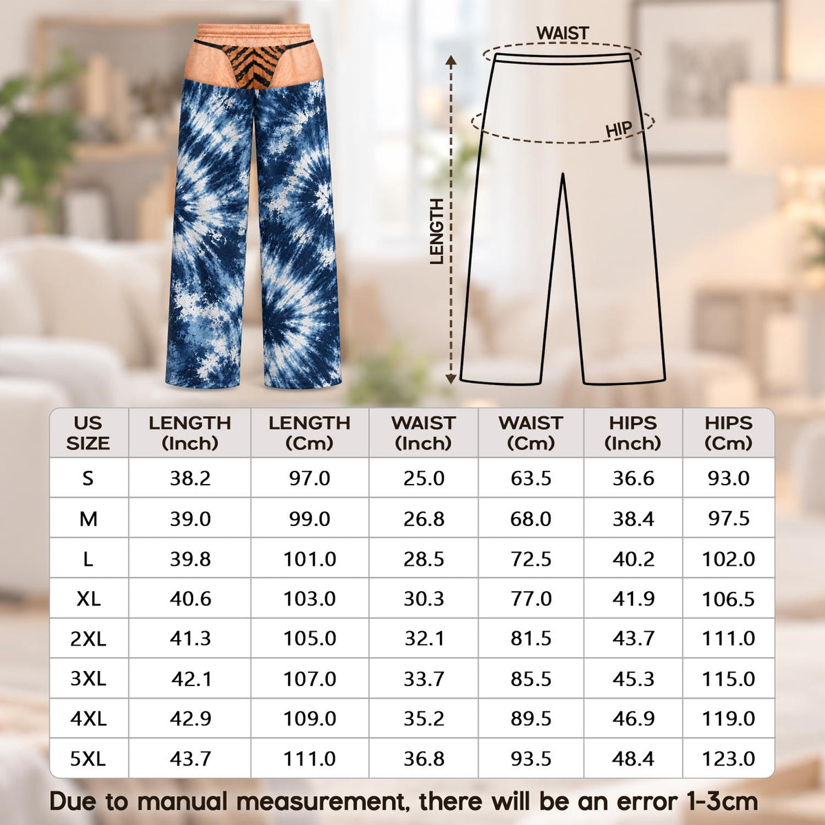 Funny Mens Pajama Pants with Tie Dye Tiger, Custom Pajamas for Fun Nights at Home, Colorful Gag Gifts and Christmas Pajamas at Home, Pallyprints Co.