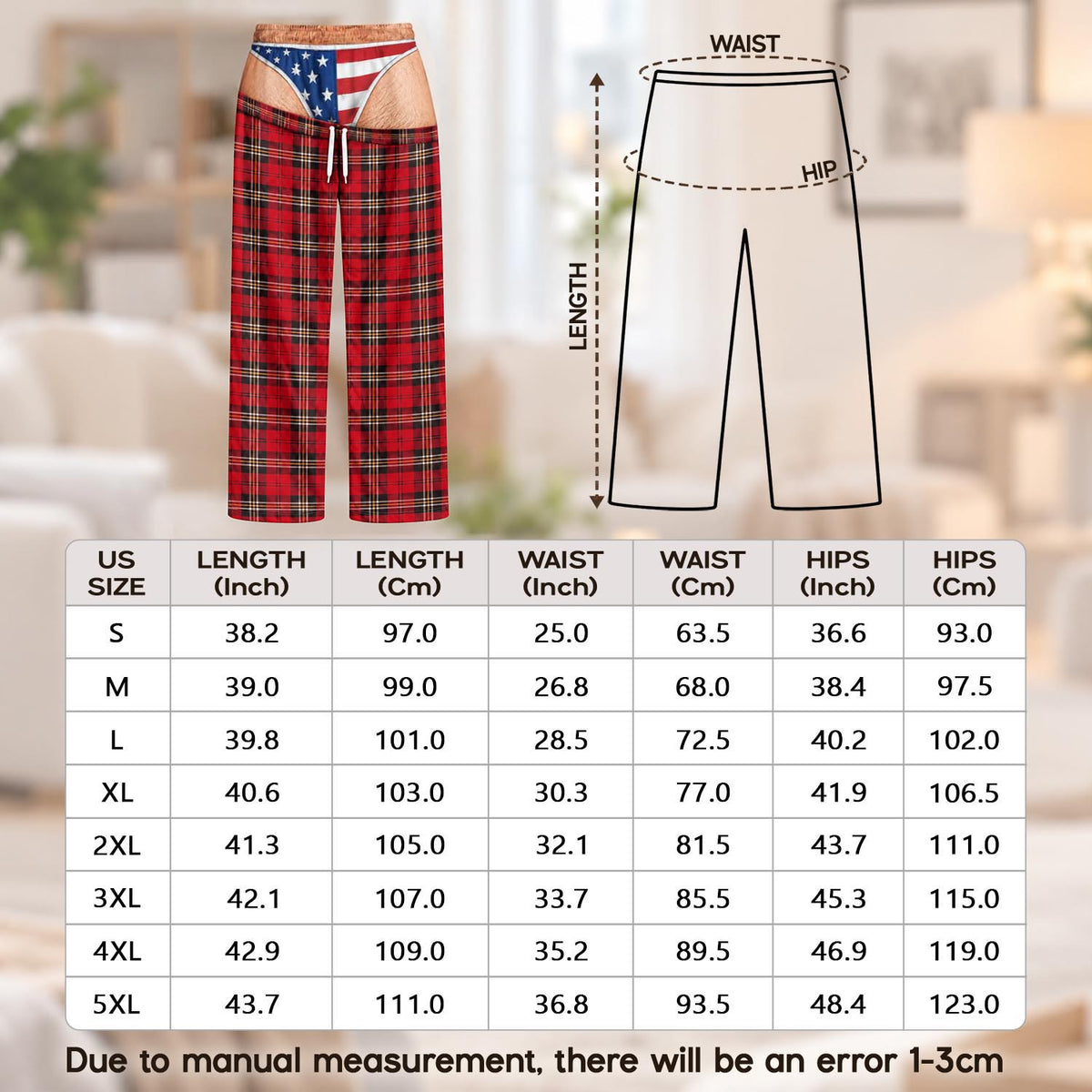 Funny Mens Pajama Pants with Red Flag Print, Custom Pajamas for Relaxing Nights, Patriotic Gag Gifts and Christmas Pajamas at Home, Pallyprints Co.