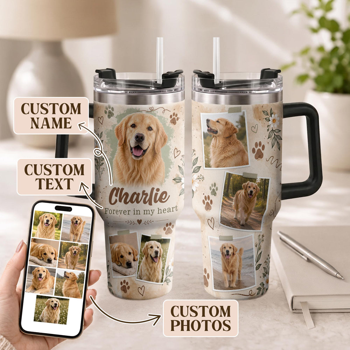 Custom Pet Photo Tumbler with Handle Personalised Dog Portrait Gifts for Dog Lover