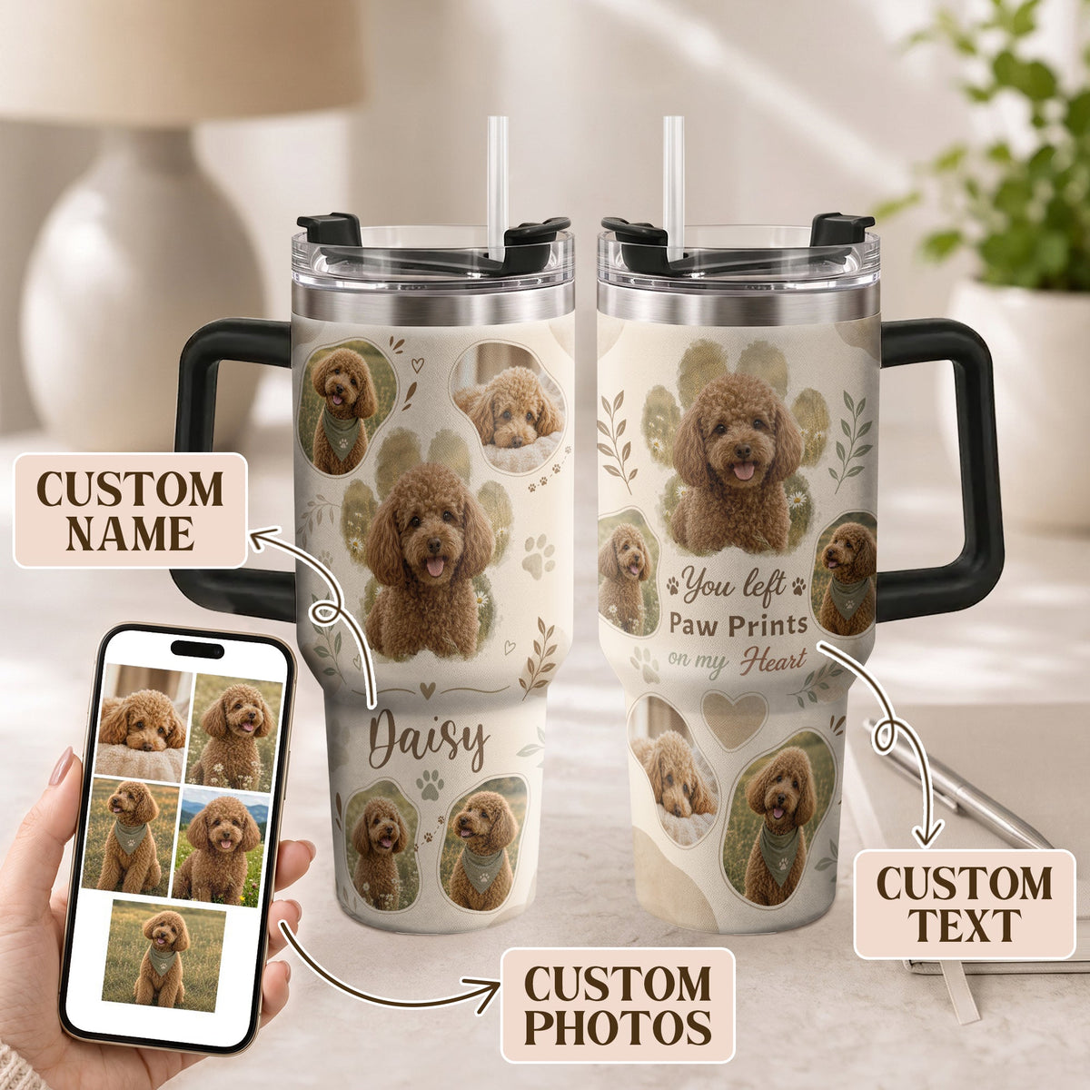 Custom Dog Picture Tumbler with Handle Personalised Pet Portrait Collage Gift Dog Lover