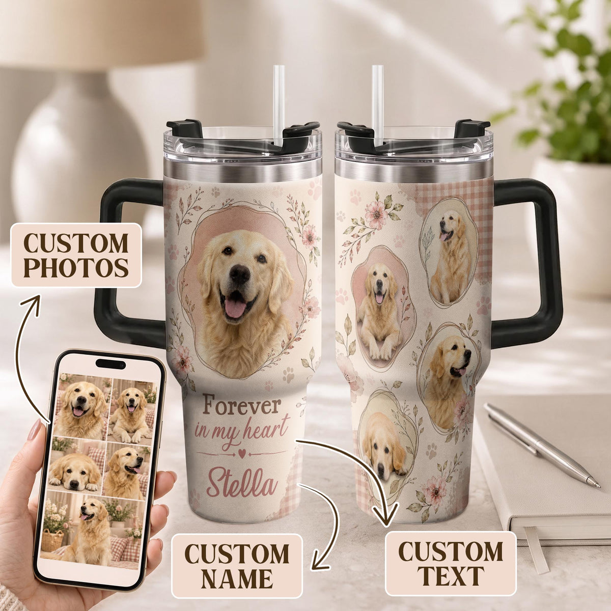 Custom Dog Photo Tumbler with Handle Forever In My Heart Personalised Pet Loss Memorial Gift
