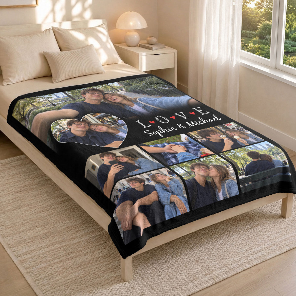 Custom Photo Collage Fleece Blanket Couple Love Heart Picture Throw Warm Bed Spreads