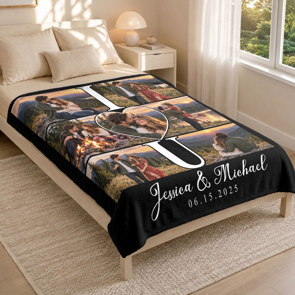 Custom Photo Collage Fleece Blanket Couple Love Heart Picture Throw Warm Bedding Cover