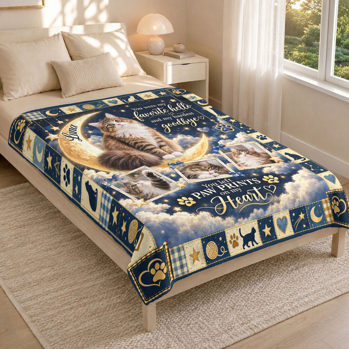 Custom Name Cat Memorial Photo Blanket Crescent Moon Celestial Wall Hanging Banner