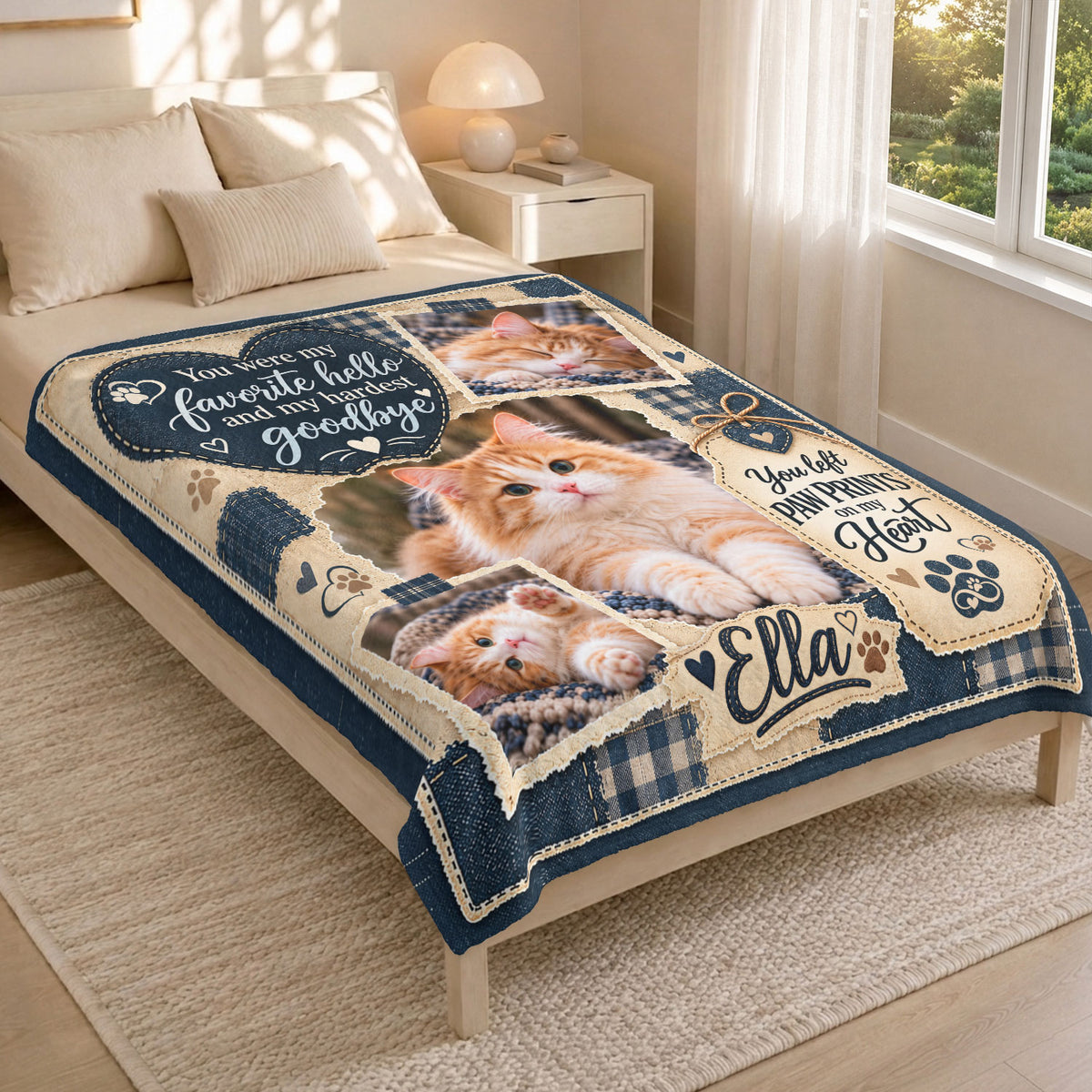 Custom Name Cat Memorial Photo Blanket Denim Patchwork Heart Wall Hanging Banner