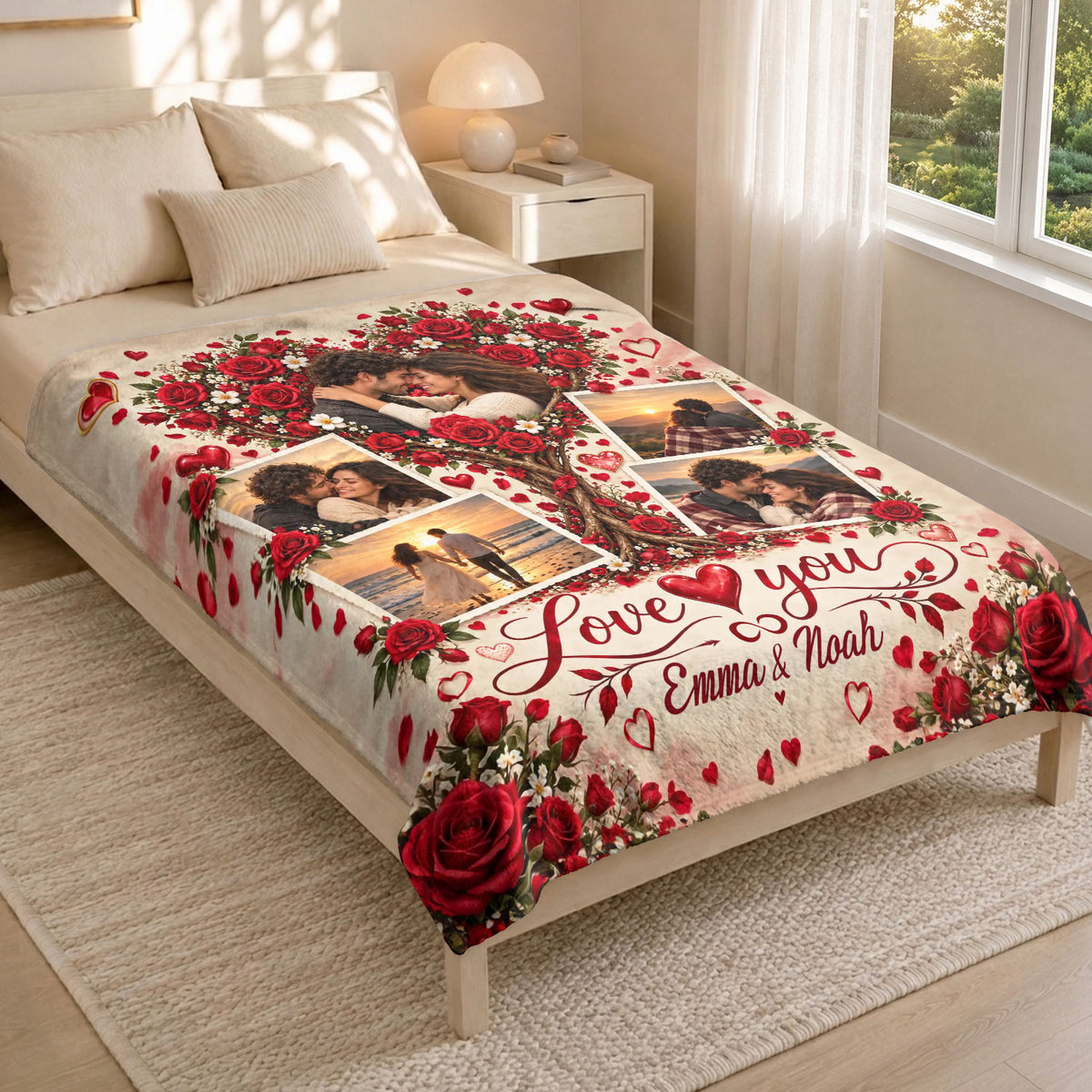 Custom Photo Collage Blanket Love Heart Tree Roses Soft Fleece Throw Bedding Sheet Mat