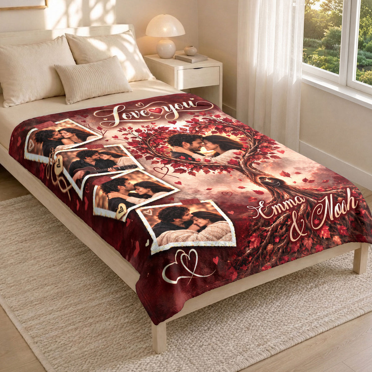 Custom Photo Collage Blanket Heart Maple Tree Autumn Leaves Soft Fleece Throw Cover Mat