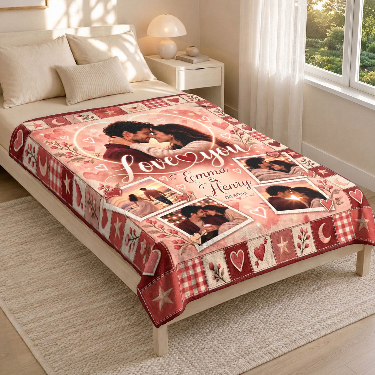 Custom Photo Collage Blanket Heart Patchwork Border Fleece Throw Bedding Sheet Mat