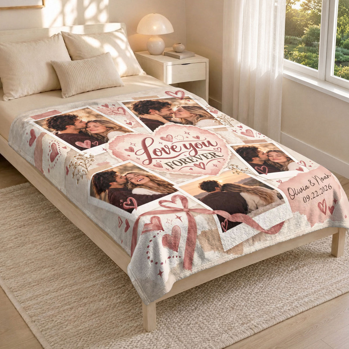 Custom Photo Collage Blanket Love Heart Ribbon Bow Polaroid Soft Fleece Throw Cover