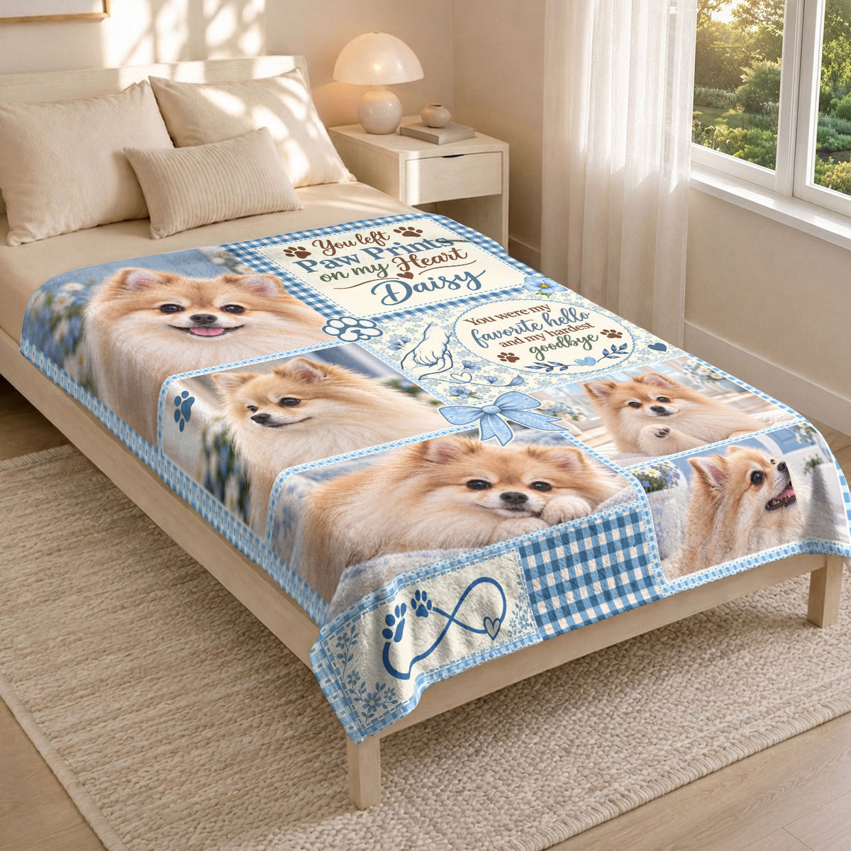 Custom Dog Memorial Photo Collage Gingham Ribbon Bow Paw Print Fleece Throw Blanket