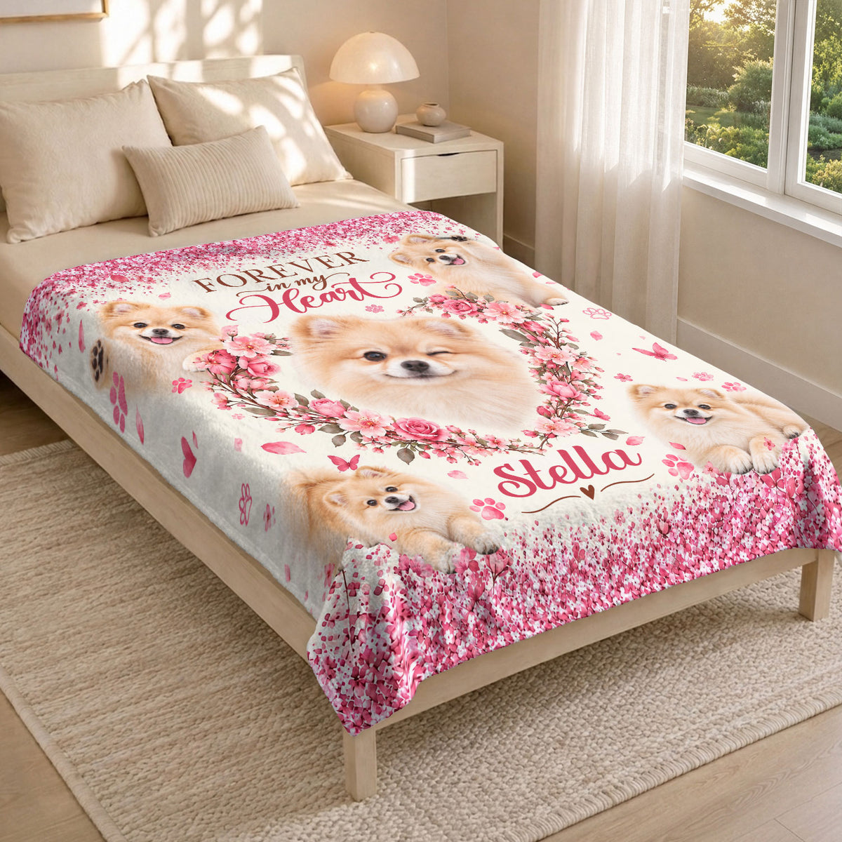 Custom Dog Memorial Photo Collage Rose Floral Heart Paw Print Fleece Throw Blanket