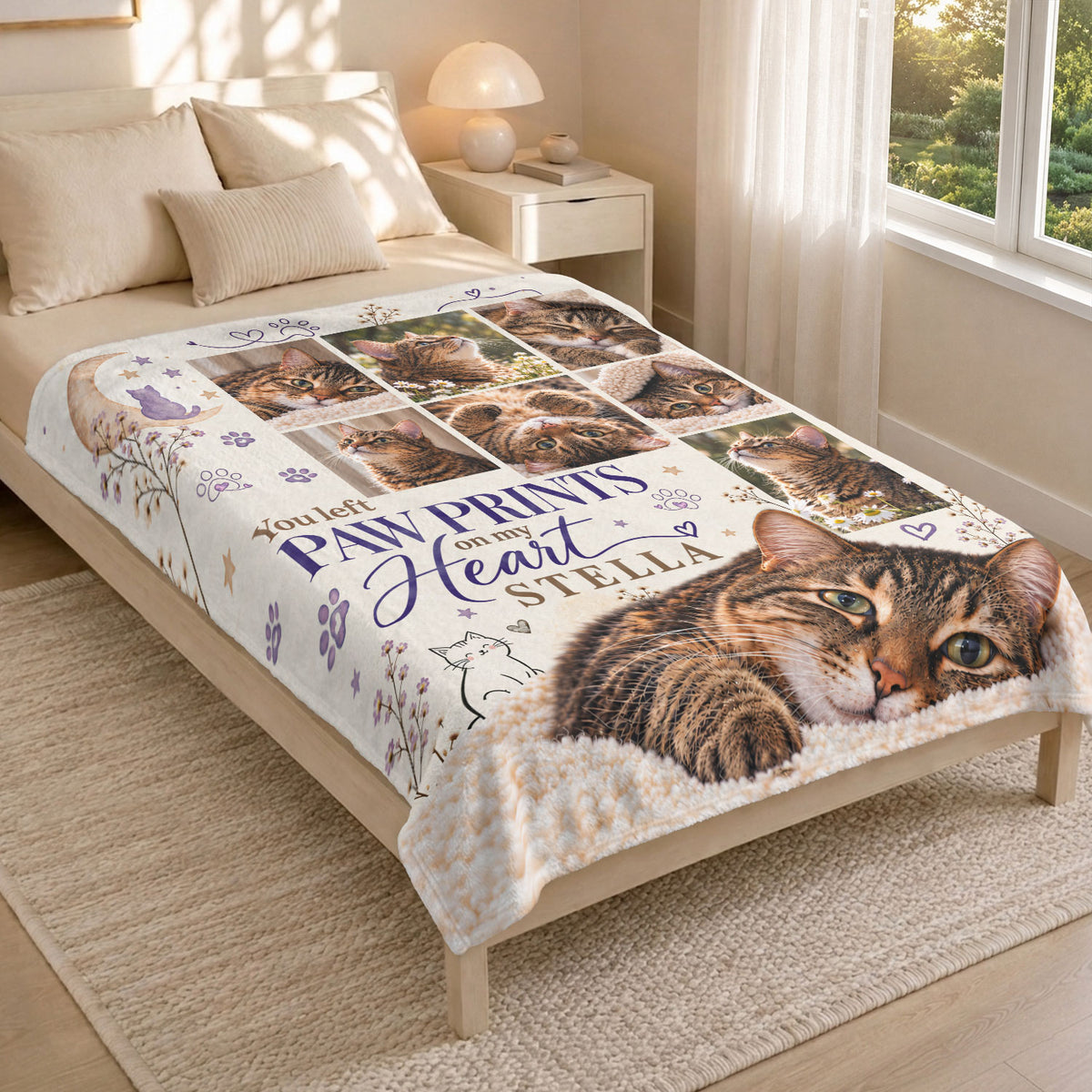 Custom Pet Memorial Blanket Photo Collage Cat Paw Prints On My Heart Soft Fleece