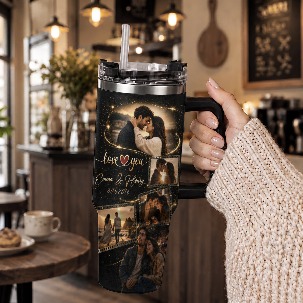 Custom Couple Photo Collage Tumbler Names Date Insulated Thermal Mug Cup Lid Top