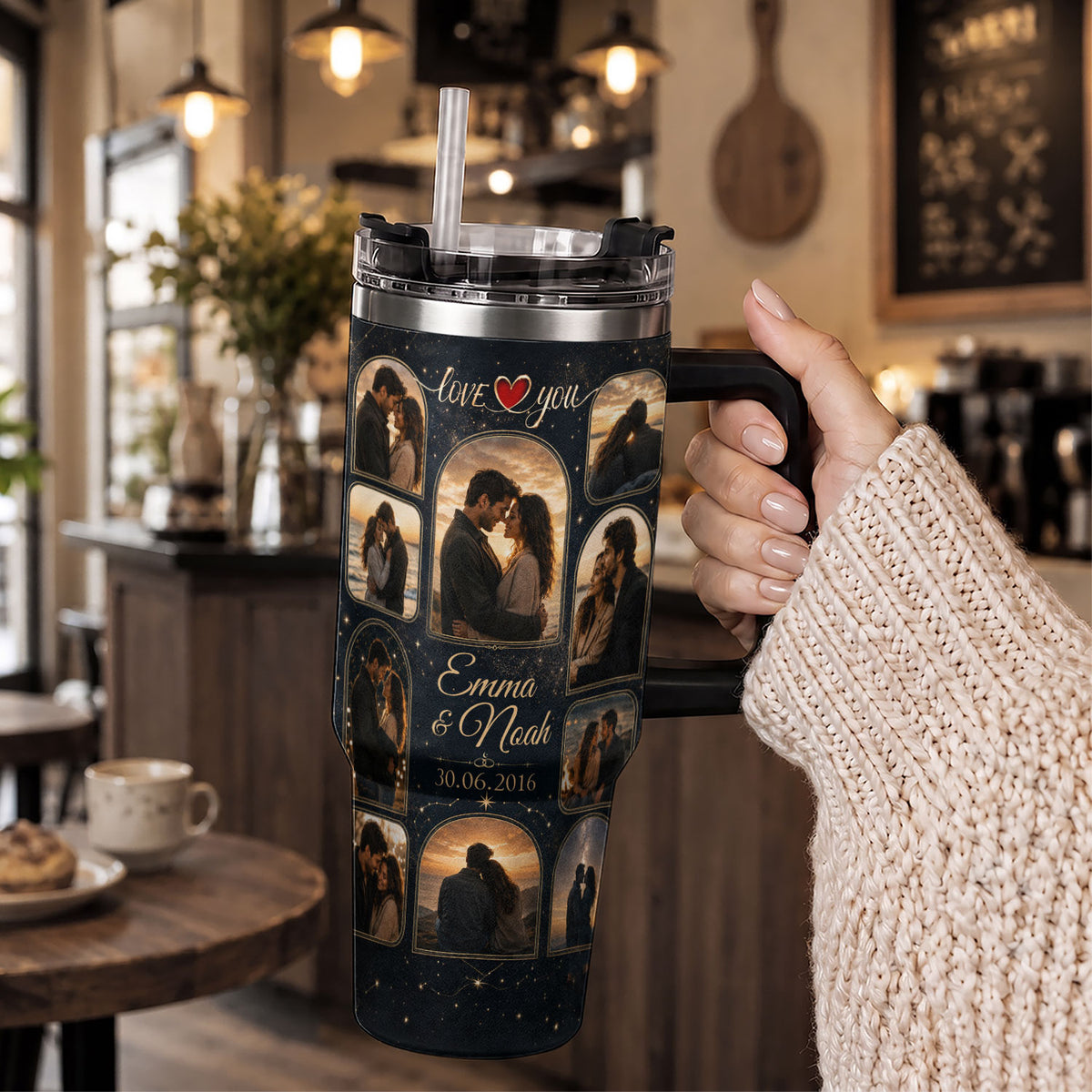 Custom Romantic Photo Collage Tumbler Names Date Thermal Drinkware Cup Lid Piece
