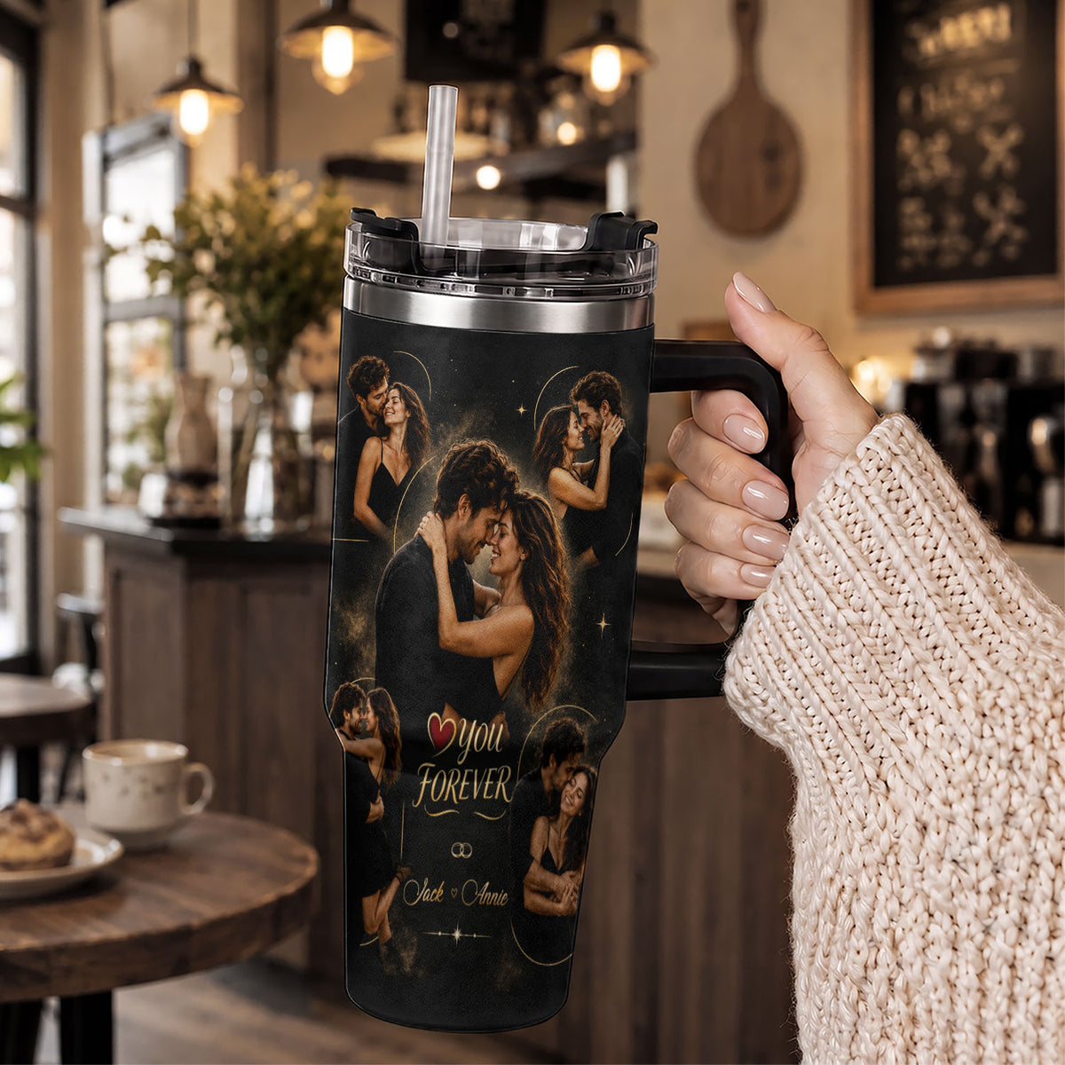 Custom Couple Forever Photo Collage Tumbler Names Date Thermal Drinkware Cup Lid Item