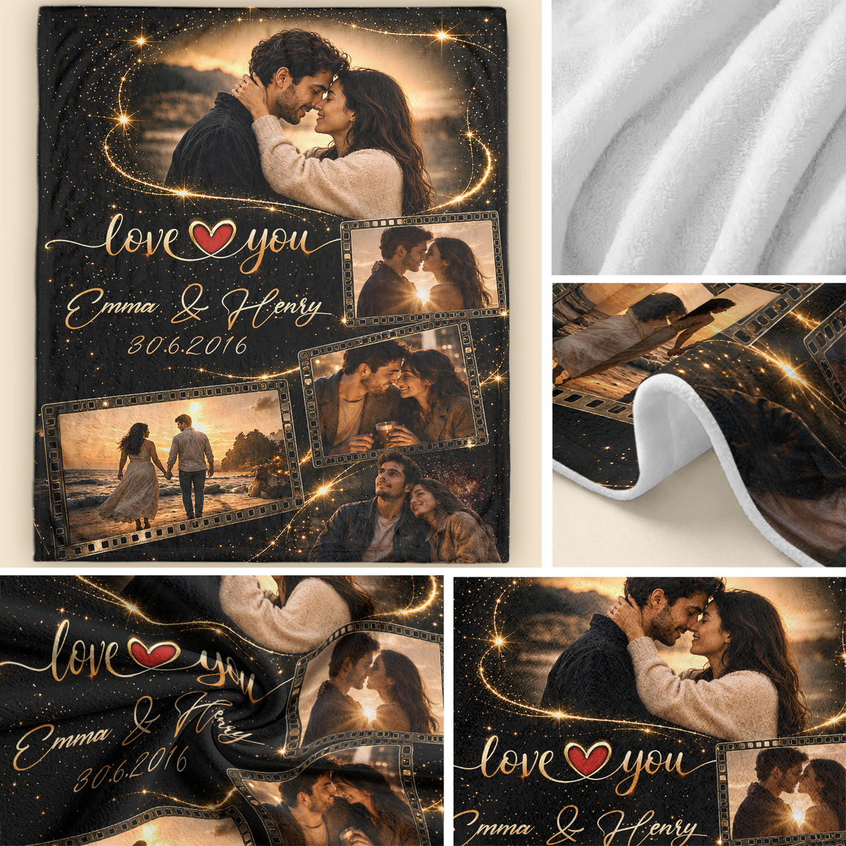 Custom Couple Photo Blanket Picture Collage Film Roll Soft Fleece Throw Anniversary Gift