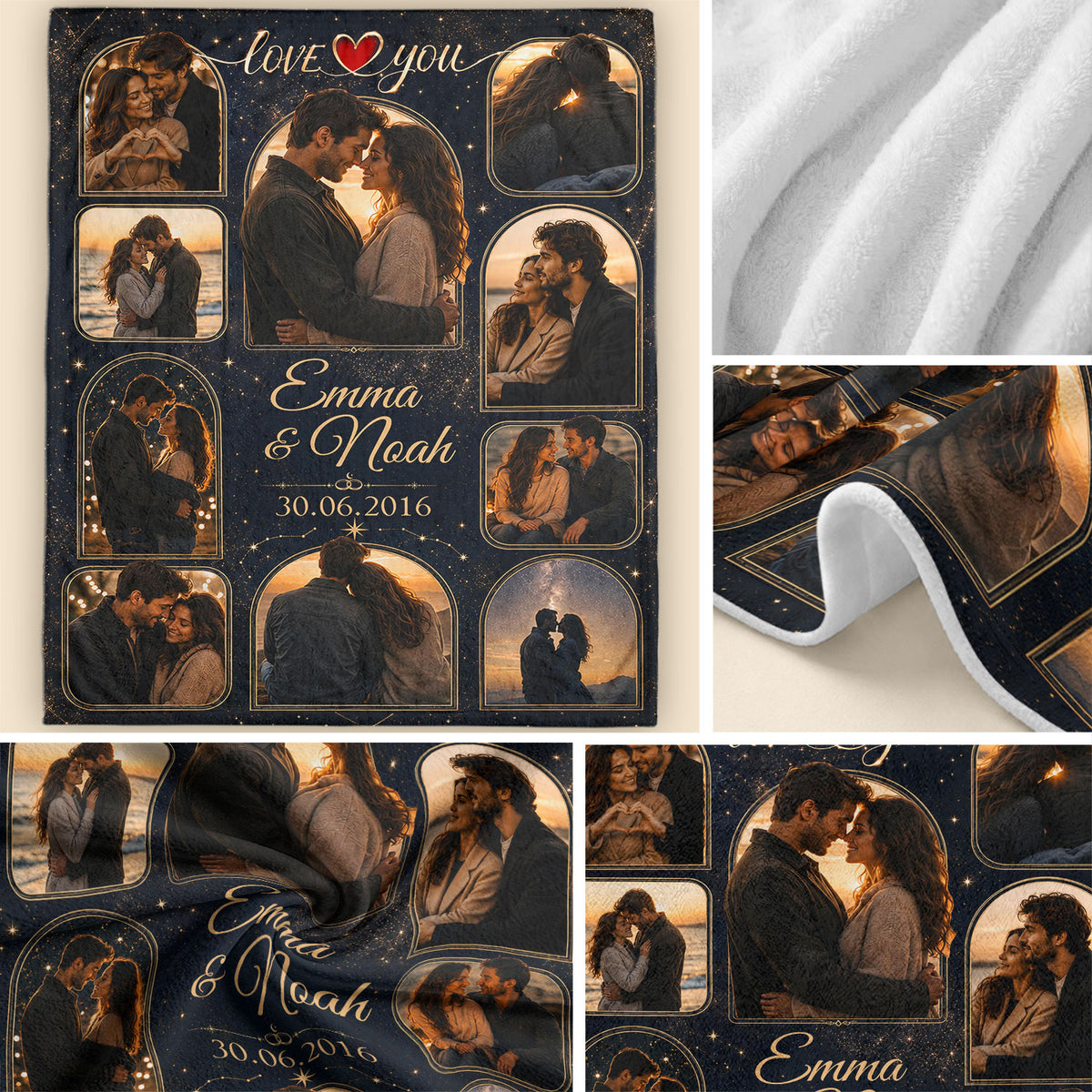 Custom Photo Blanket Collage Couple Names Date Heart Soft Fleece Throw Romantic Love Gift