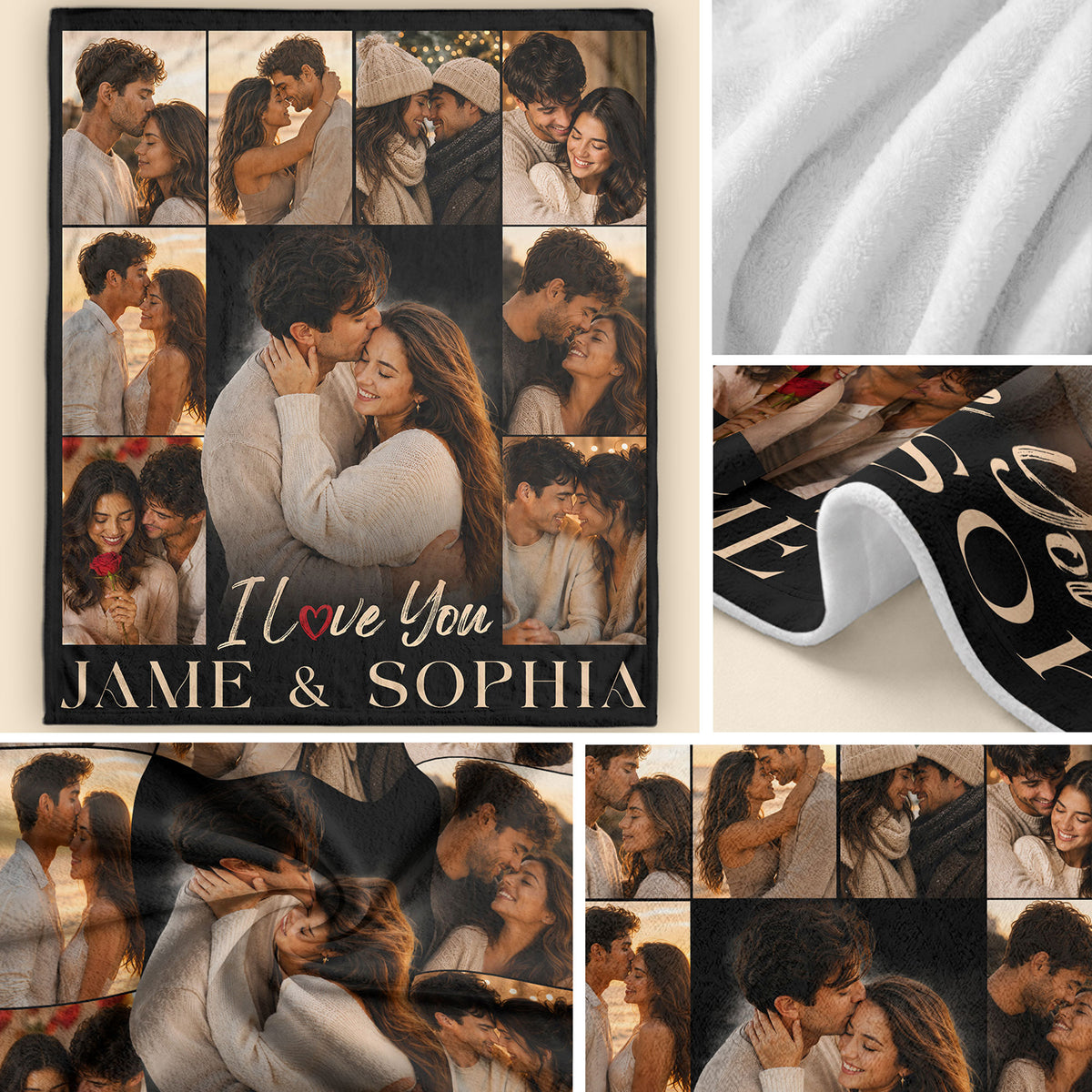 Custom Photo Blanket Collage Couple Names I Love You Soft Fleece Throw Romantic Love Gift