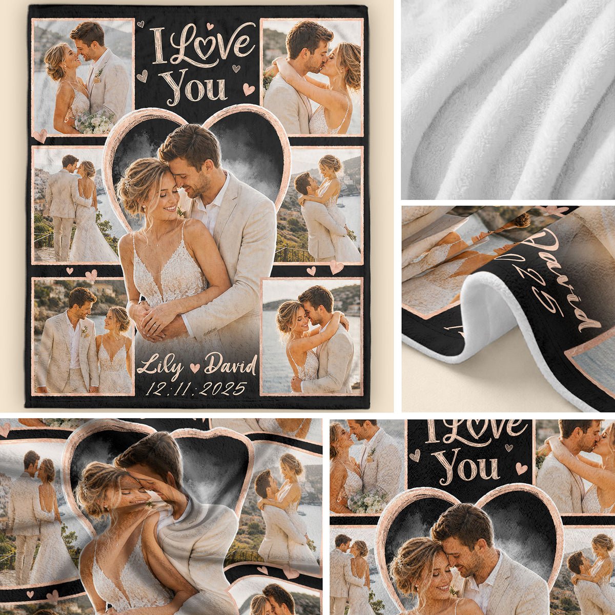 Custom Photo Blanket Collage Couple Names Date Heart Soft Fleece Throw Romantic Wedding