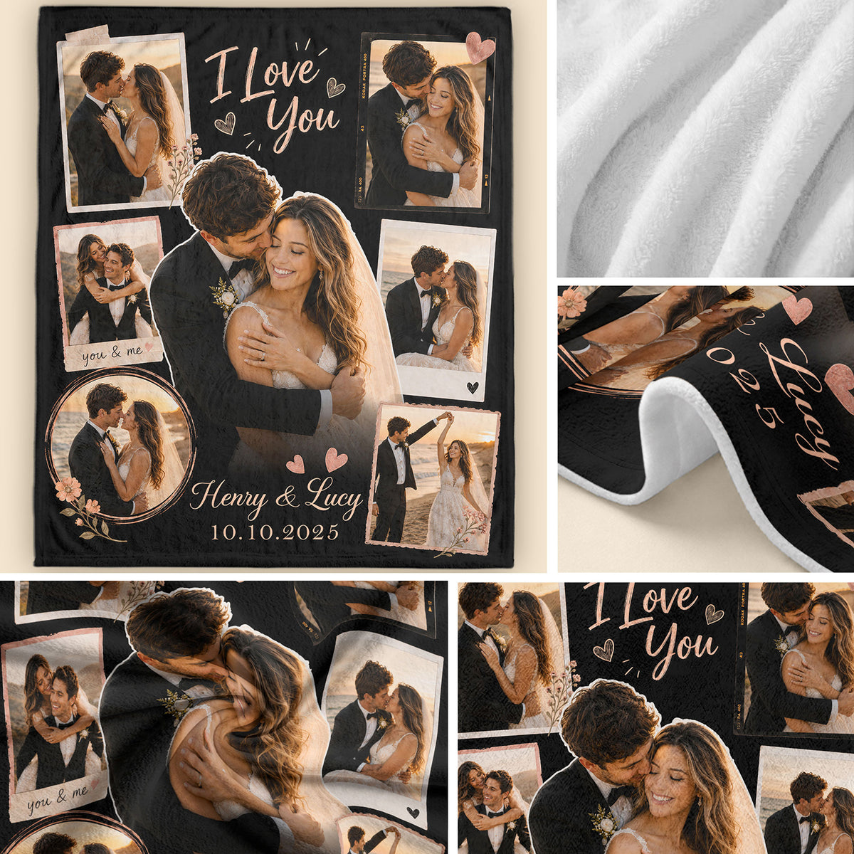 Custom Couple Photo Blanket Picture Collage I Love You Names Date Fleece Anniversary Gift