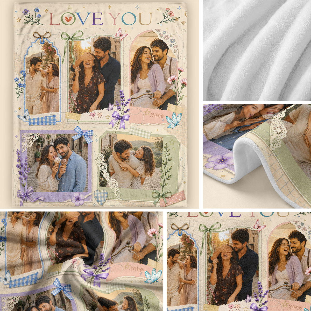Custom Couple Photo Blanket Picture Collage Floral Love You Fleece Throw Anniversary Gift