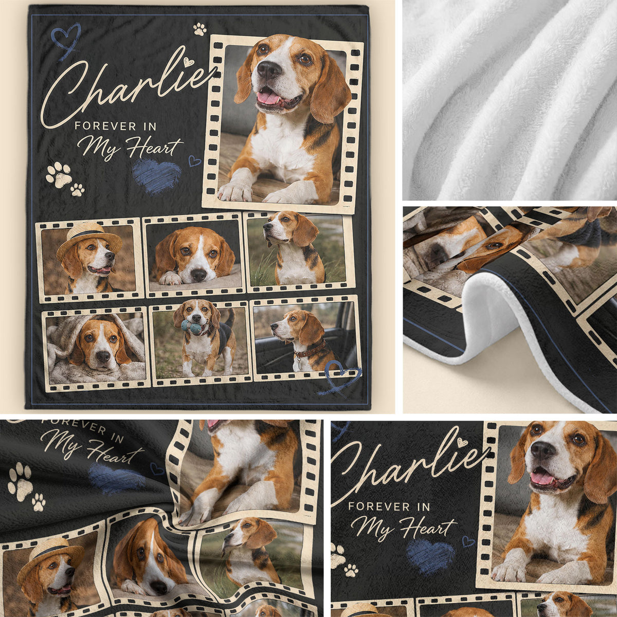 Personalized Custom Dog Photo Collage Memorial Blanket Pet Name Film Strip Throw Decor