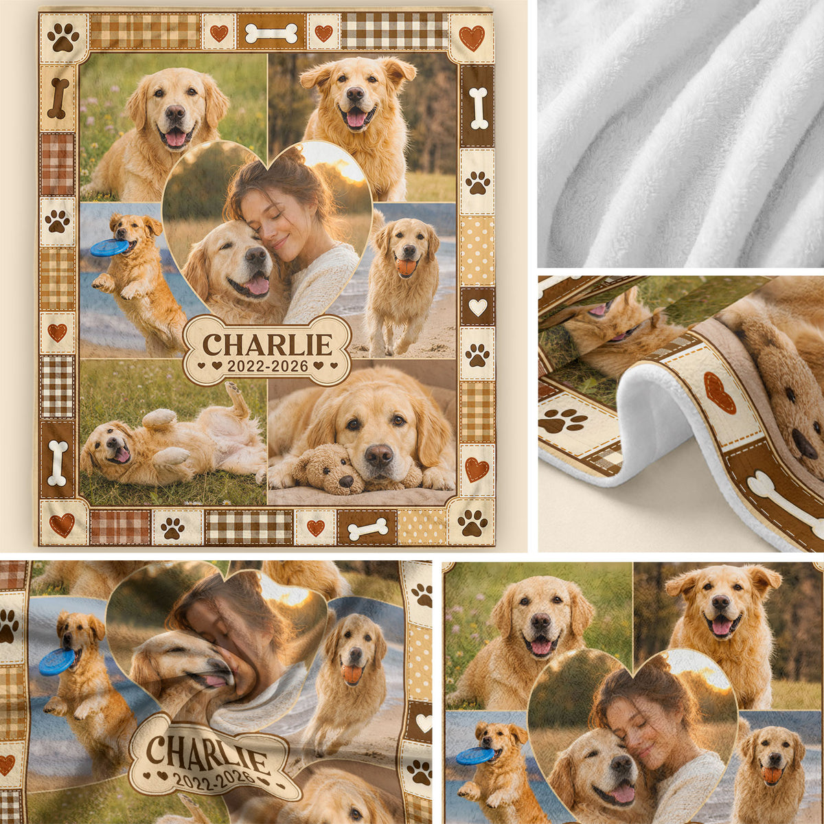 Custom Dog Photo Blanket Pet Memorial Picture Collage Name Date Fleece Throw Dog Loss Gift
