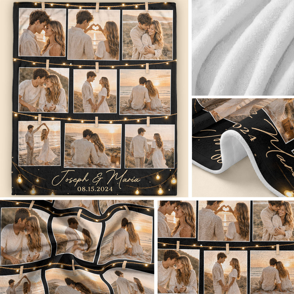 Custom Couple Photo Collage String Lights Blanket Couple Names Date Throw Keepsake