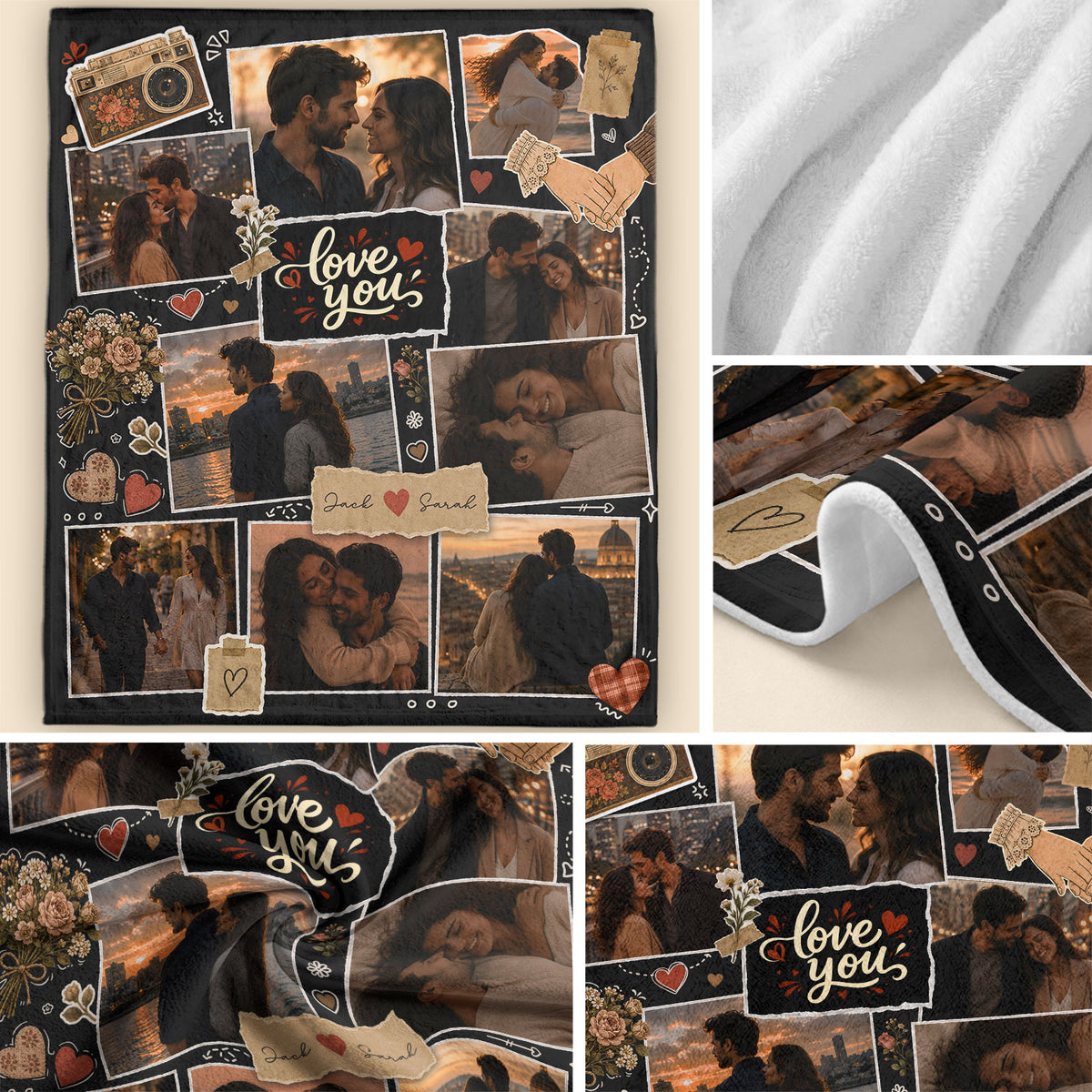 Custom Couple Photo Blanket Picture Collage Soft Fleece Throw Vintage Scrapbook Love Gift