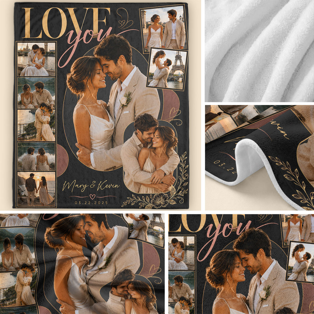 Custom Photo Blanket Collage Couple Names Love You Date Soft Fleece Throw Romantic Gift