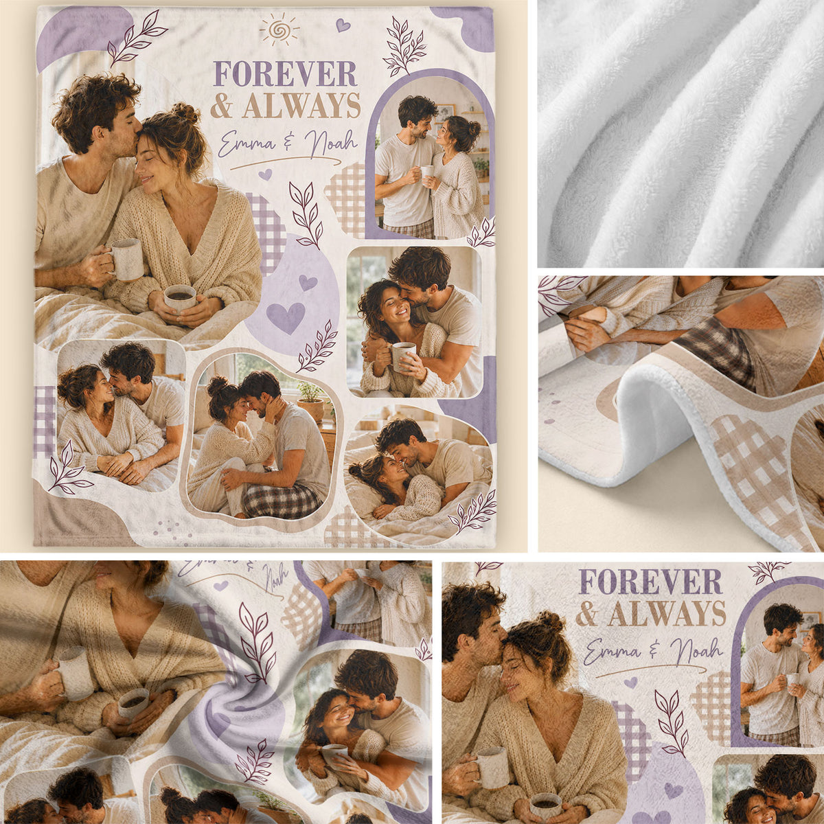 Custom Couple Photo Blanket Picture Collage Soft Lavender Fleece Throw Anniversary Gift